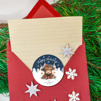 Happy Holidays Business Festive Highland Cow Runder Aufkleber