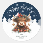 Happy Holidays Business Festive Highland Cow Runder Aufkleber (Vorderseite)
