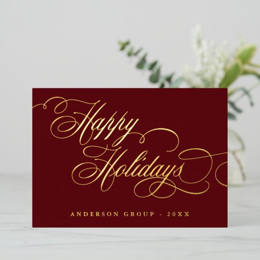 Happy Holidays Calligrafy Corporate Gruß Folieneinladung (Stehend vorne)