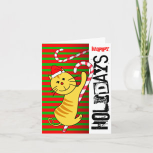 Happy Holidays Card Cat on Candy Cane Feiertagskarte