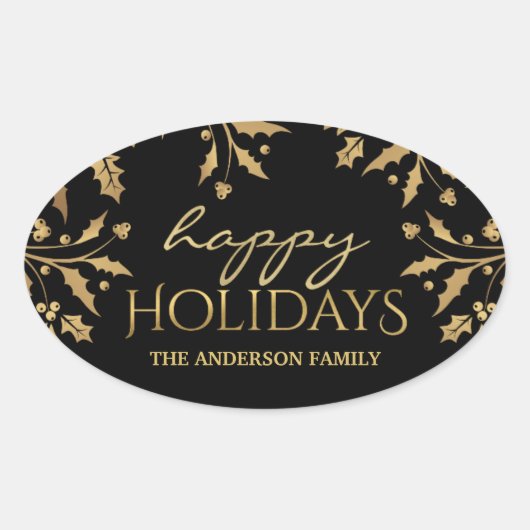 Happy Holidays Christmas Gold Holly Imitate Foil Ovaler Aufkleber (Vorderseite)