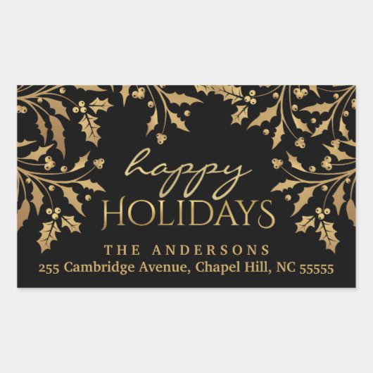 Happy Holidays Christmas Holly Gold Imitate Foil Rechteckiger Aufkleber (Vorderseite)