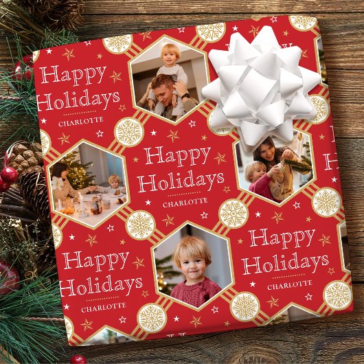 Happy Holidays Christmas Snowflake Foto Rot Geschenkpapier