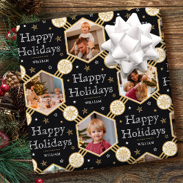 Happy Holidays Christmas Snowflake Photo Black Geschenkpapier