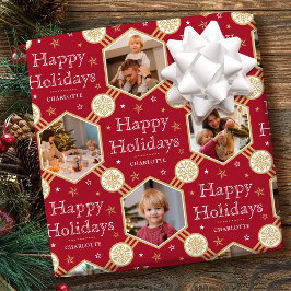 Happy Holidays Christmas Snowflake Photo Deep Red Geschenkpapier
