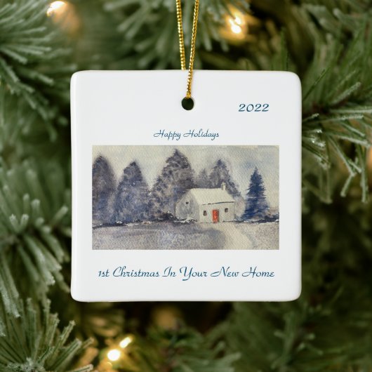 Happy Holidays Christmas Snowy Hütte neue Zuhause Keramikornament (Baum)