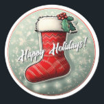 Happy Holidays Christmas Strumpf ID1082 Runder Aufkleber<br><div class="desc">Mit einer Farbpalette rot und grün, mit Heilig und Beeren, die ein wenig Gewürz, dieses Weihnachts-Strumpf-Design verfügt über einen handgeschriebenen Schriftart Ihres Lieblings-Urlaub Gruß. Personalisieren Sie den Text mit der benutzerfreundlichen Vorlage von Zazzle. Teil einer süßen Sammlung für die Ferien, können Sie die anderen einzigartigen Designs in diesem lustigen Set...</div>