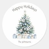 Happy Holidays Christmas Tree Familienname Runder Aufkleber (Vorderseite)