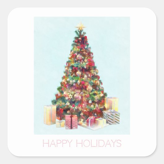 Happy Holidays. Christmas Tree Quadratischer Aufkleber (Vorderseite)