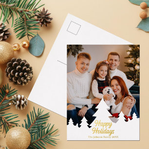Happy Holidays Christmas Trees Family Foto Gold Folien Feiertagspostkarte