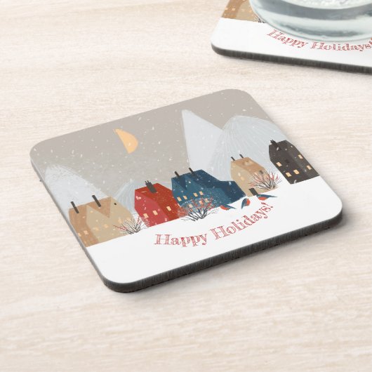 Happy Holidays Country Primitive Village Winter Getränkeuntersetzer (Linke Seite)