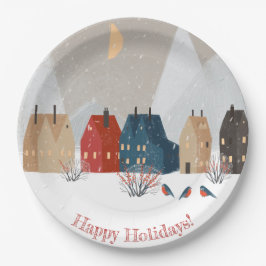 Happy Holidays Country Village Winter Szene Pappteller