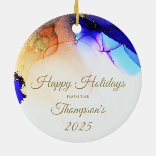 Happy Holidays Custom Blue Gold Keramik Ornament (Hinten)