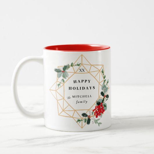 Happy Holidays Custom Message Christmas Wreath Zweifarbige Tasse (Links)