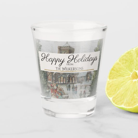 Happy Holidays Custom Nostalgische Weihnachtslands Schnapsglas (Vorderseite)