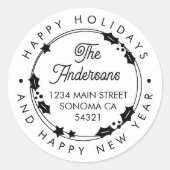 Happy Holidays Custom Script Address Holly Wreath Runder Aufkleber (Vorderseite)