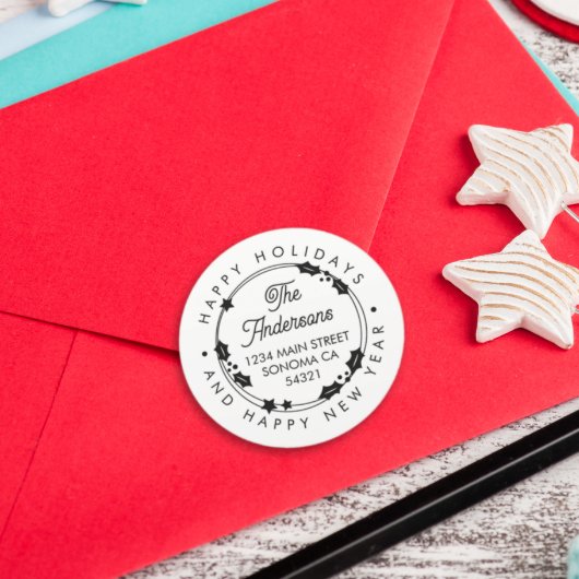 Happy Holidays Custom Script Address Holly Wreath Runder Aufkleber