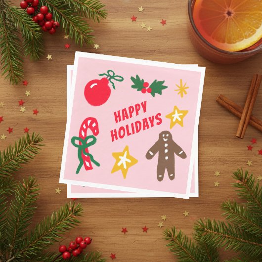 HAPPY HOLIDAYS Cute Hand-Drawn CUSTOM  Serviette