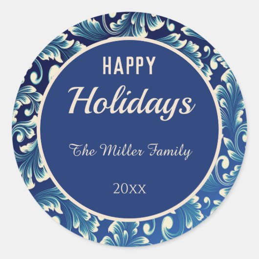 Happy Holidays Damask Blätter auf Blue Runder Aufkleber (Vorderseite)