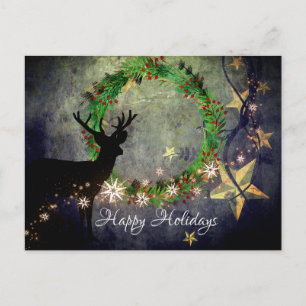 Happy Holidays Deer, Kranz, Schneeflocken und Ster Feiertagspostkarte