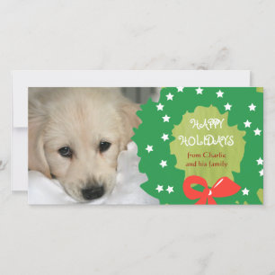 Happy Holidays Dog Photo Cards Wreath Green Feiertagskarte