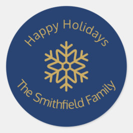 Happy Holidays Elegant Navy Gold Snowflake Custom Runder Aufkleber