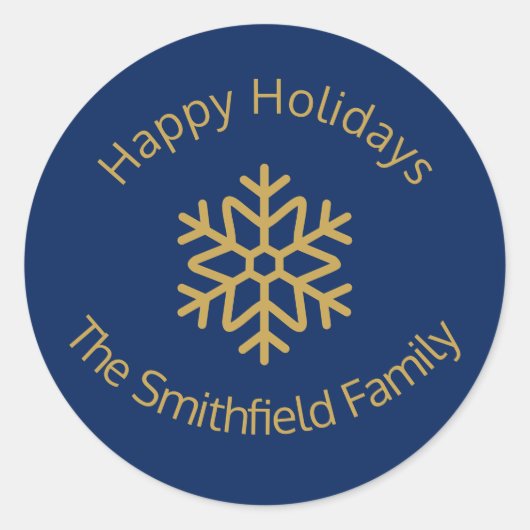 Happy Holidays Elegant Navy Gold Snowflake Custom  Runder Aufkleber (Vorderseite)