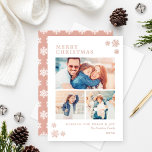 Happy Holidays Elegant Photo Collage Rose Gold Folien Feiertagskarte<br><div class="desc">Elegant Christmas holiday photo collage card features "Happy Holidays" in real rose gold foil classic text and includes a minimal collage of three photo spaces, a custom greeting, and space to include the family name or family member names. A pattern of silver winter snowflakes accent the front and a complementary...</div>