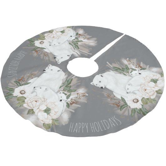 Happy Holidays Eleganter grauer und weißer Polar B Polyester Weihnachtsbaumdecke (Schrägansicht)