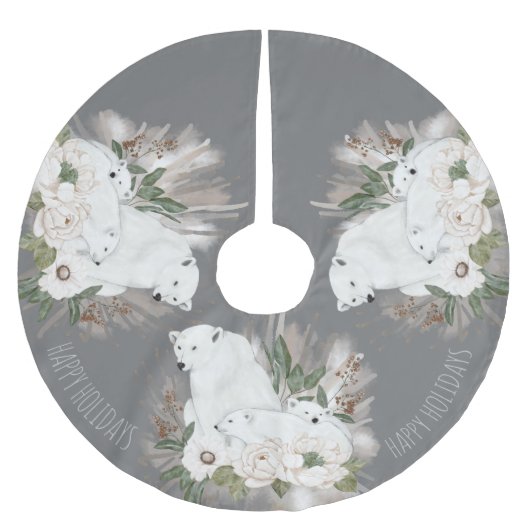 Happy Holidays Eleganter grauer und weißer Polar B Polyester Weihnachtsbaumdecke (Vorderseite)