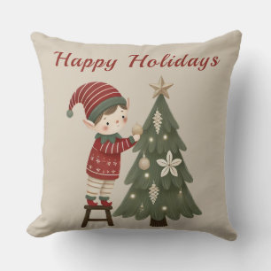 Happy Holidays Elf Christmas Tree Throw Kissen