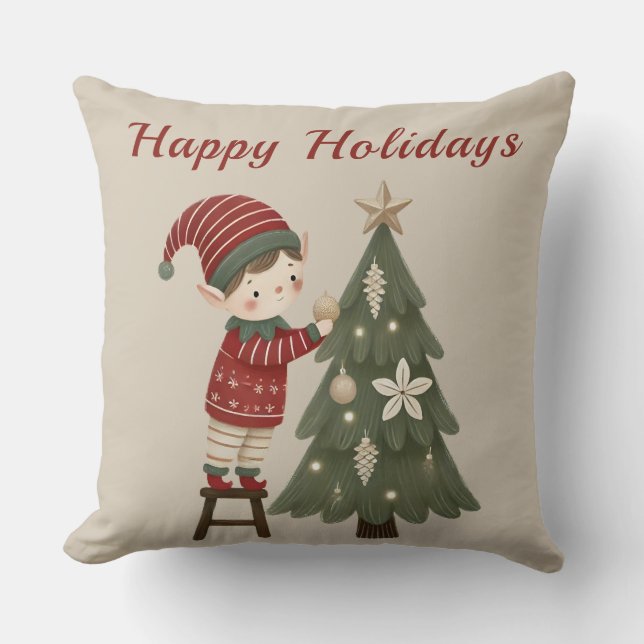 Happy Holidays Elf Christmas Tree Throw Kissen (Vorderseite)