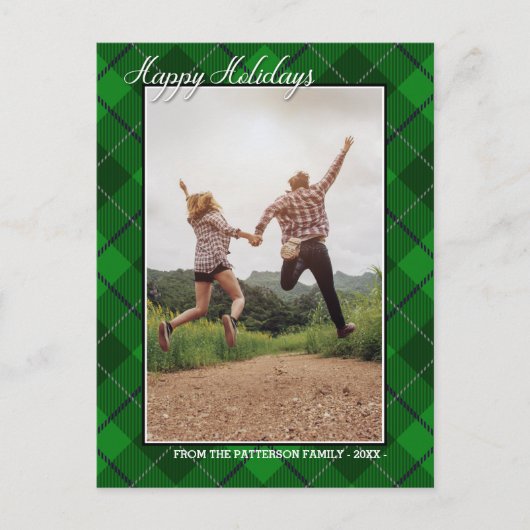 Happy Holidays Family Foto Green Tartan Style Postkarte (Vorderseite)
