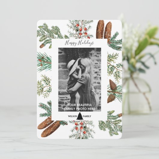 Happy Holidays Family Foto Pine Christmas Card (Stehend Vorderseite)
