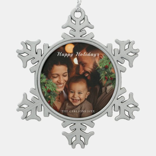 Happy Holidays Family Foto Schneeflocken Zinn-Ornament (Vorderseite)