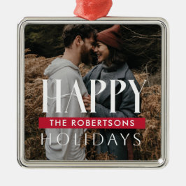 Happy Holidays Family Name Red Banner Foto Ornament Aus Metall