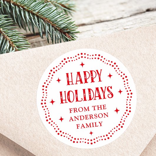 Happy Holidays festive font dot border red white Runder Aufkleber