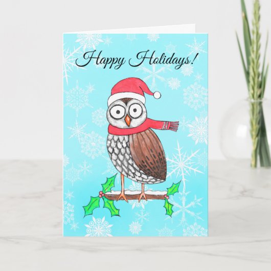Happy Holidays Festive Owl Weihnachtsmannmütze Feiertagskarte (Vorderseite)