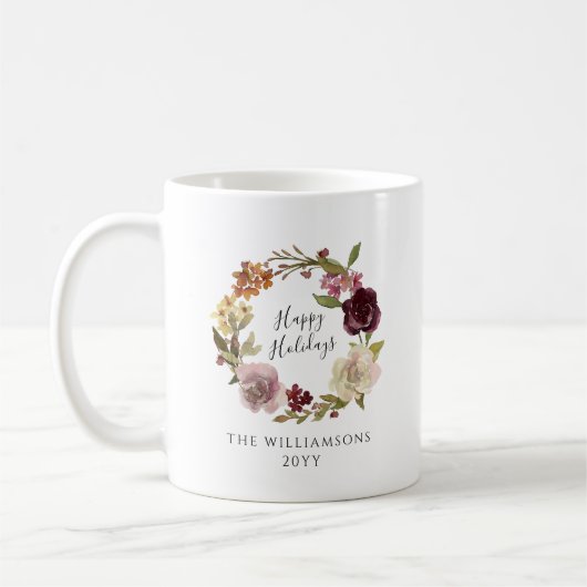 Happy Holidays Floral Wreath Family Name Kaffeetasse (Links)