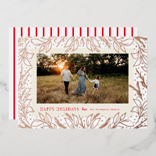 Happy Holidays Forest Foliage Rote Rose Gold Foto Folien Feiertagskarte