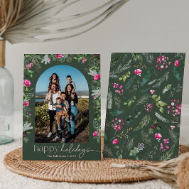 Happy Holidays Forest Green & Pink Botanical Arch Feiertagskarte
