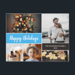 Happy Holidays Foto Collage Blue Christmas Feiertagspostkarte<br><div class="desc">Ihre schönen Fotos verdienen es, während dieser Jahreszeit geteilt zu werden, wenn Sie herzliche Wünsche senden. Passen Sie dieses moderne Collage Design an und personalisieren Sie es mit Ihrem Familiengruß. Finden Sie die anderen Stücke aus der Sammlung. Dieses Design verwendet hellblau (cyan) als Akzent-Farbe, kann aber mit dem weiteren Werkzeug...</div>