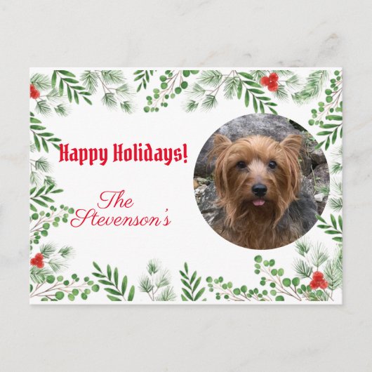 Happy Holidays Foto Custom Holly Greenery Postkarte (Vorderseite)