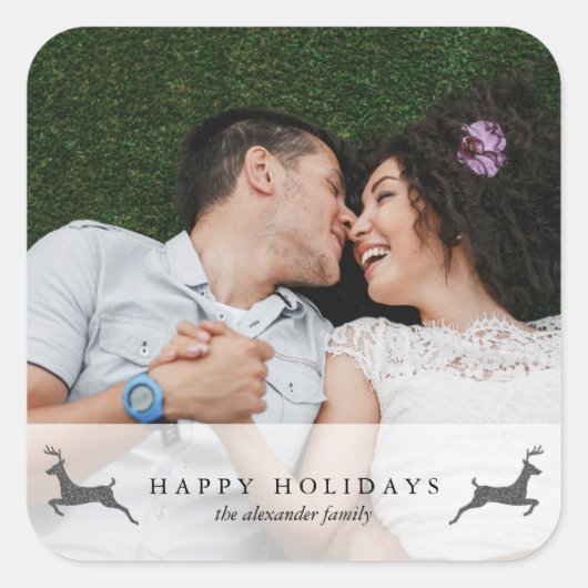 Happy Holidays Foto mit Hirschaufkleber Quadratischer Aufkleber (Vorderseite)