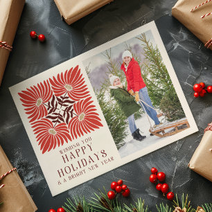 Happy Holidays Foto Modern Bold Red Floral Feiertagspostkarte