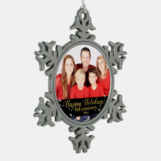 Happy Holidays Foto Schneeflocken Zinn-Ornament (Links)