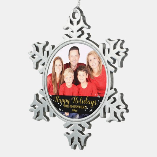 Happy Holidays Foto Schneeflocken Zinn-Ornament (Rechts)