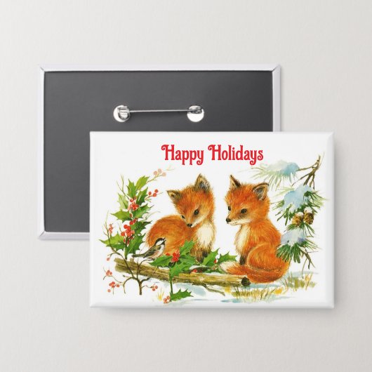 Happy Holidays Foxes Button Button (Vorderseite/Rückseite)