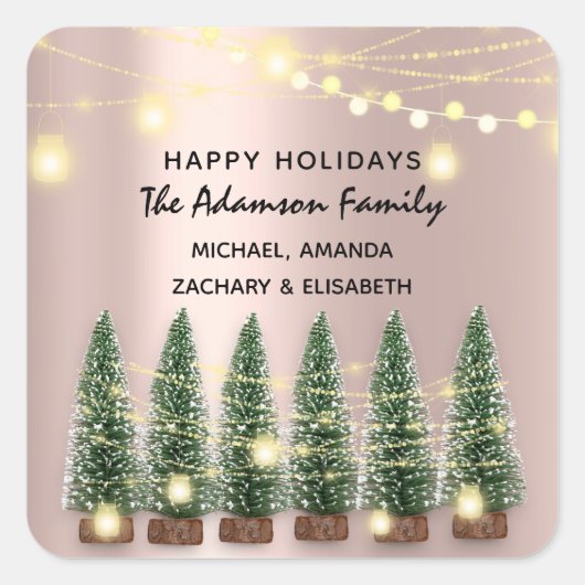 Happy Holidays Frohe Weihnachtsbaum Name Rose Quadratischer Aufkleber (Vorderseite)