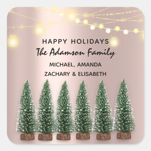 Happy Holidays Frohe Weihnachtsbaum Name Rose Quadratischer Aufkleber (Vorderseite)